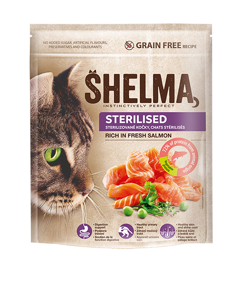 Bezobilninové granule pre sterilizované mačky losos 750g, Shelma